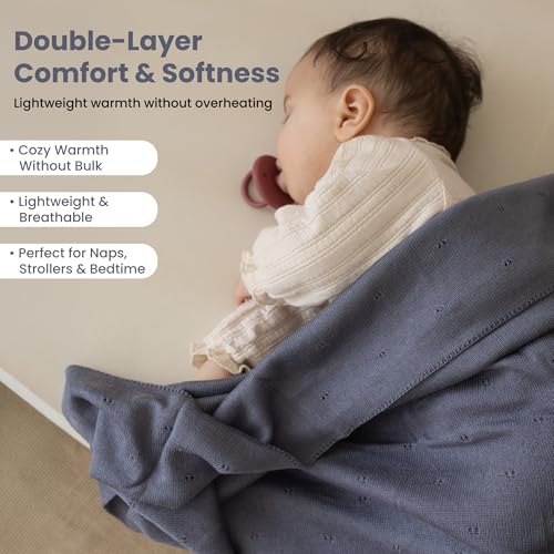Image of Pointelle Double Layer 100% Tencel Baby Blanket - Breathable Temperature Regulating - Oeko-TEX Certified - 30x40 inch - Gift Box with Ribbon (Grey Blue)