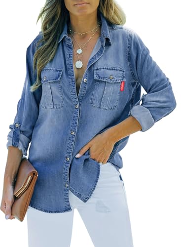 Sidefeel Women's Denim Top Long Sleeve Jean Shirt Button Down Denim Shirt