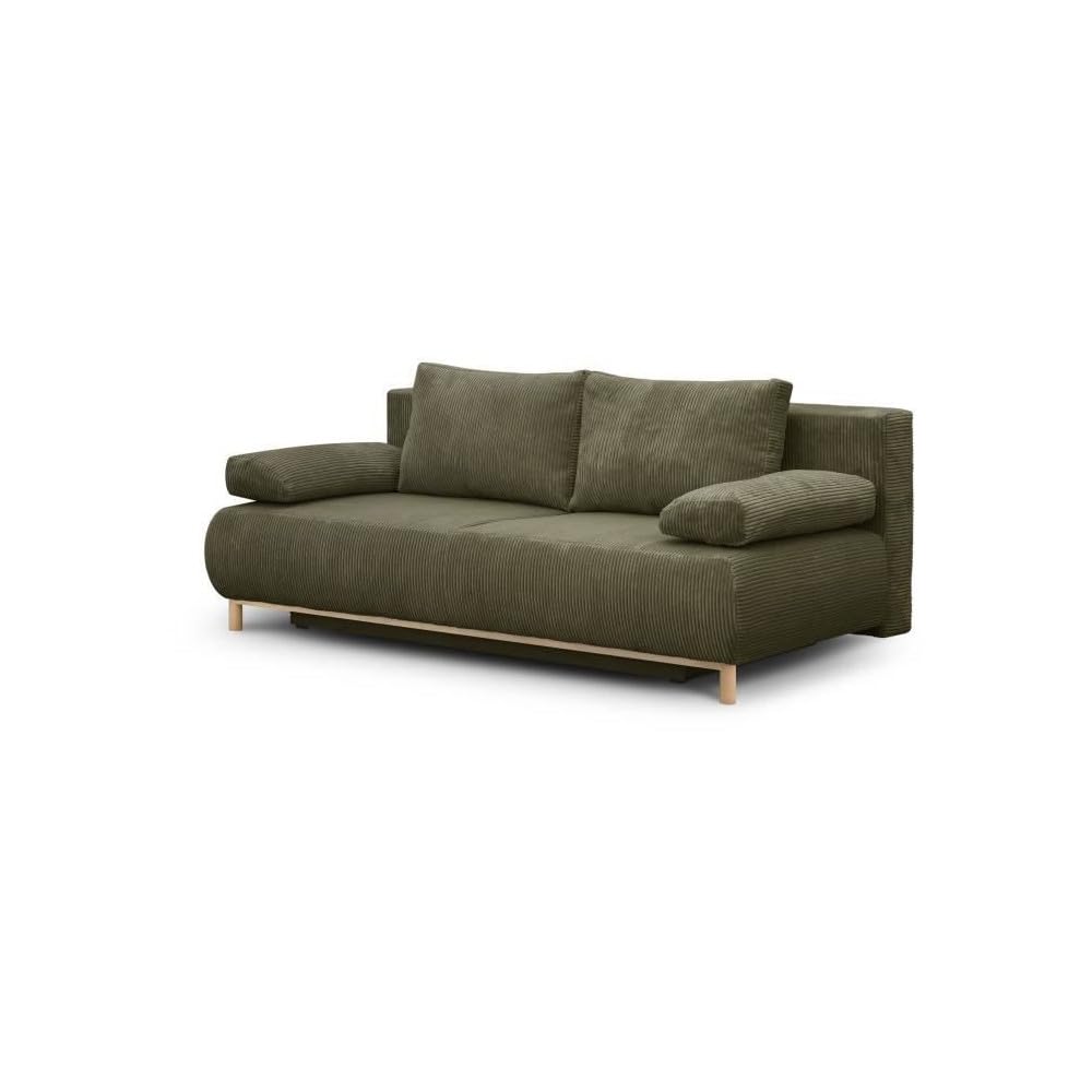 MIKA Banquette Convertible 3 Places Velours côtelé Vert Kaki - Coffre de Rangement - L 192 x H 84 x P 93 cm