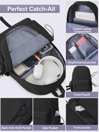 FIORETTO Backpack Womens School Bag Girls Boys, Lightweight Water-Resistant Fits 15.6” Laptop Large Capacity Rucksack with Rain Cover, Ideal for School College Commuting Travel Black - Image 5