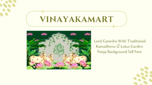 Image of vinayaka Backdrop Decoration | Lord Ganesha with Traditional Kamadhenu & Lotus Garden Pooja Background 5x8 Feet | varalakshmi Pooja Decoration