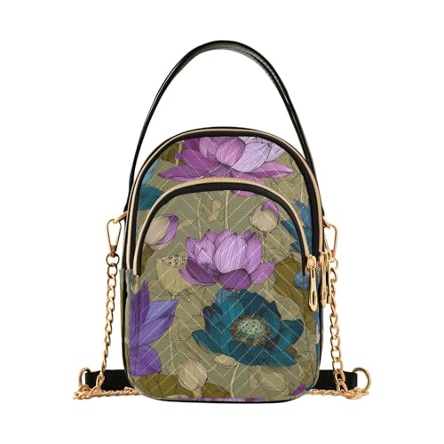 susiyo Blue Purple Lotus Flowers Pattern Crossbody Purse for Women, Quilted Crossbody Bag Ladies Casual Bags Shoulder Bag Phone Purse Handbag Wallet