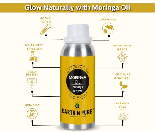 Image of Earth N Pure Moringa Oil | 100% Pure & Natural | Cold-Pressed | Skin, Hair & Massage | Deeply Moisturizing | Vegan & Cruelty-Free | 250ml