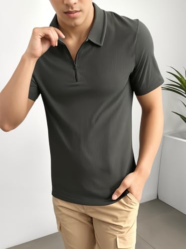 Image of Mack Jonney Ribbed |Regular Fit | Half Sleeves 100% Cotton Polo Neck Self Design with Zip T-Shirt for Men-M826
