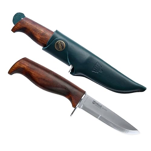 HELLE Knives - Speider - Fixed Blade Knife - Birch Wood Handle - Stick Tang - Camping Fishing Hunting - Stainless Steel - Leather Sheath - Made in Norway