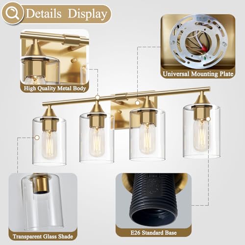 Image of Brushed Gold Vanity Light,4 Light Gold Bathroom Light Fixtures,Bathroom Lights Over Mirror with Clear Glass Shade,Modern Wall Lighting for Mirror Bedroom Vanity Hallway