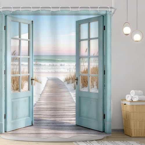 Image of Riyidecor Summer Beach Ocean Shower Curtain 72Wx72H Inch Coastal Blue Sea Teal Barn Door Rustic Seaside Hawaiian Scenery Country Path Bathroom Decor Fabric Polyester Waterproof 12 Pack Hooks