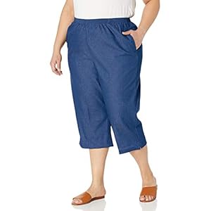 Alfred Dunner Women's All Around Elastic Waist Denim Missy Capris Pants Jeans, Black, 14