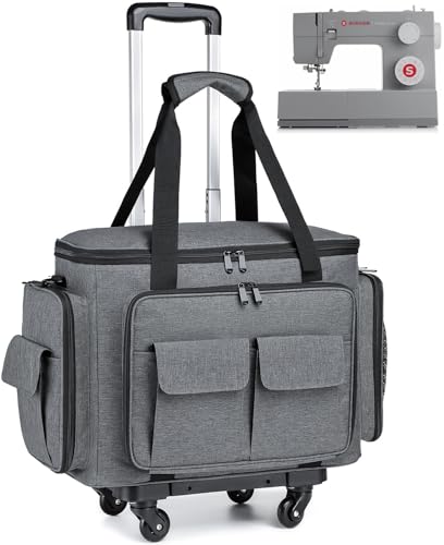 SLINRKE Estuche para máquina de coser con ruedas, bolsa para máquina de coser con almohadilla inferior extraíble y múltiples bolsillos de almacenamiento, compatible con Singer & Brother (gris)