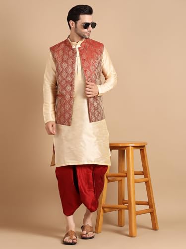 Image of Men's Silk Blend Solid Kurta Dhoti Set with Designer Ethnic Nehru Jacket