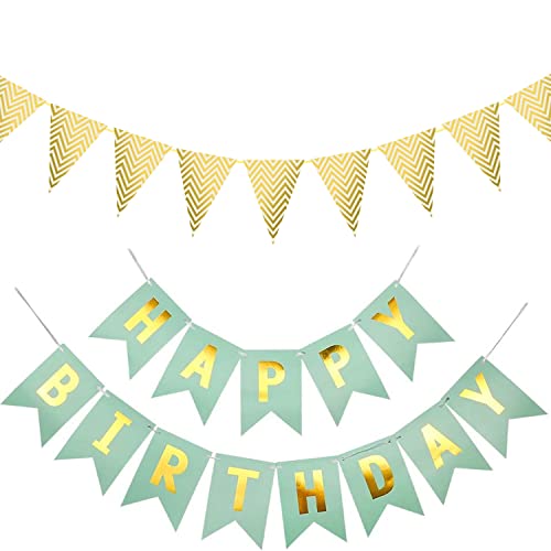 Happy Birthday Banner, grasgrünes Banner und goldene hängende Wirbel, spiralförmige Luftschlangen-Dekoration, spiralförmige Luftschlangen, hängende Dekoration für Kinder und Mädchen Cover