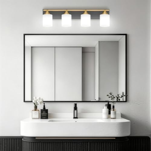 Image of Modern Bathroom Lighting Fixtures Over Mirror, Vanity Lights for Bathroom, Wall Sconces with Milky White Glass Shades, E26 Ceramic Socket, 4-Light 27.5-inch Black and Gold