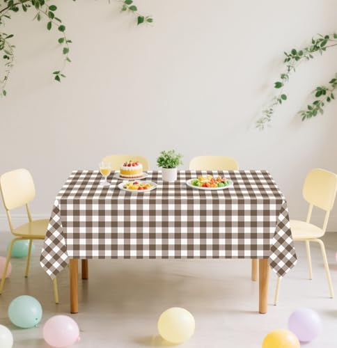 Image of SietDESEO 3 Pack Dark Brown Gingham Tablecloth Rectangle 54 x 108 Brown and White Checkered Table Cloth Disposable Plaid Table Cover Plastic for Birthday Baby Shower Picnic Wedding Party Supplies