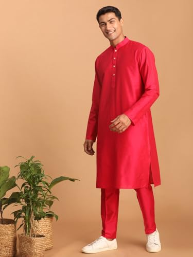 Image of VASTRAMAY VM Mens Silk Blend Kurta Pyjama Set - Classic Ethnic Attire for Timeless Style and Cultural Celebrations | Soft Comfortable Solid Full Sleeves Kurta and Churidar Pyjama Set