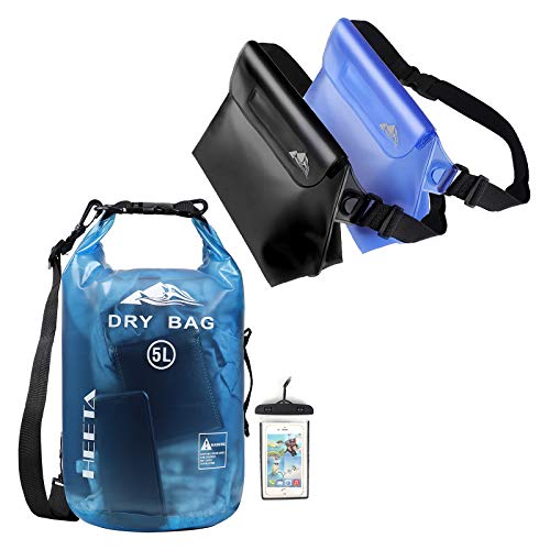 HEETA Waterproof Dry Bag for Women Men Transparent Blue 5L Bundle with 2-Pack Waterproof Pouch with Waist Strap