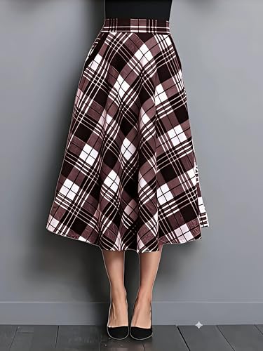 Image of Cotton A-Line Midi Skirt for Girls | Elegant Maroon Blue Black Checks | Everyday Wear