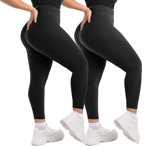 Leafigure 2 Pack Plus Size Leggings for Women, High Wasited 2XL-4XL Tummy Control Soft Yoga Pants for Workout Black 2XL