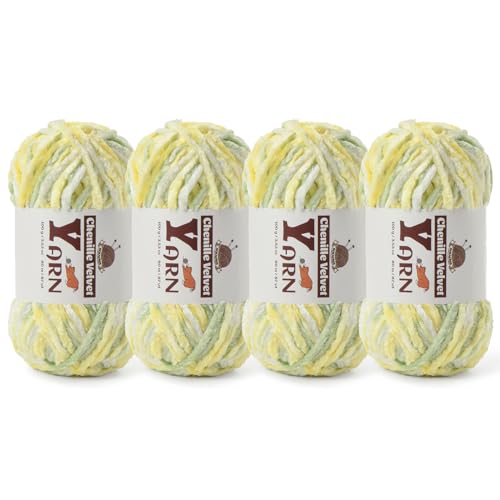 Image of 4 Pack Plush Chenille Chunky Yarn - Fluffy Velvet Yarn Crochet for Blanket Knitting and Crocheting - Soft Baby Yarns for Crocheting - Amigurumi Crochet Yarns 100g (87yds) (4 Greenish Yellow)