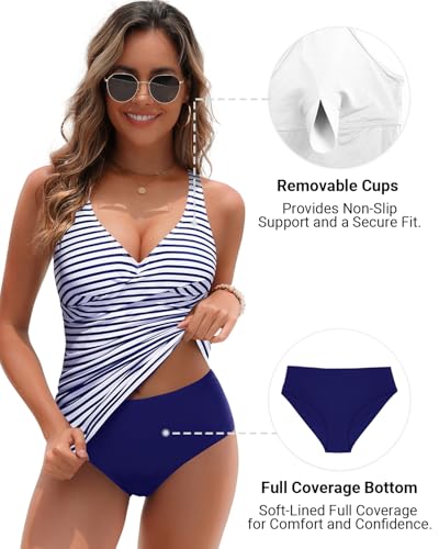 Image of Yonique Plus Size Tankini Swimsuits for Women Blouson Tankini Tops with Swim Shorts Two Piece Bathing Suits