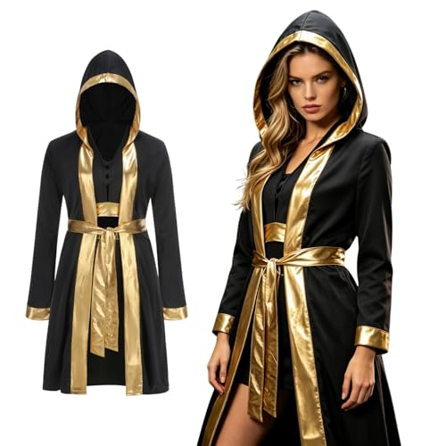 AGCOAH Boxing Robe Anger Costume Inside Out Adult Womens Wrestling Costumes Referee Halloween Outfits for Women (Gold and Black-M)