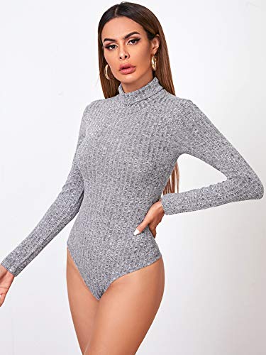 Floerns Women's Solid Leotard Long Sleeve Turtleneck Bodysuit Light Grey Ribbed M