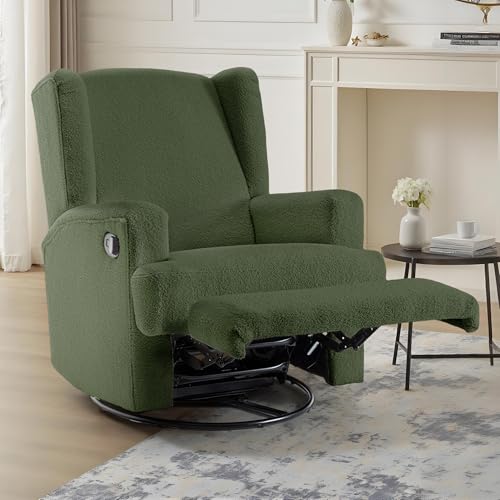 Image of UIXE Swivel Glider Recliner Chair for Adults, Boucle High Back Accent Chair Nursery Rocker for Living Room, Upholstered Manual Reclining Sofa Seating with Deep Seat - Green