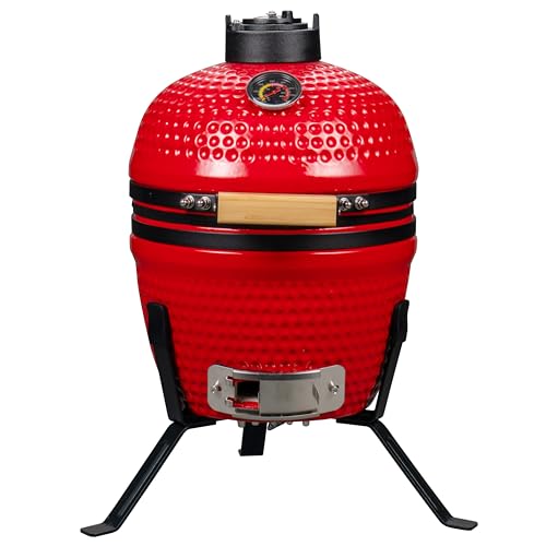 13 inch Ceramic Kamado Egg Grill | Portable Tabletop Charcoal BBQ Grill Smoker for Outdoor Cooking Patio Camping (Red)