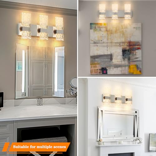 Image of Modern Brushed Nickel 3 Lights Bathroom Vanity Light, Eleglant Nickel LED Bathroom Light Fixtures over Mirror, Dimmable Acrylic Shade Wall Lighting Fixtures, Hardwired Wall Light(H9.25in, L21.26in)