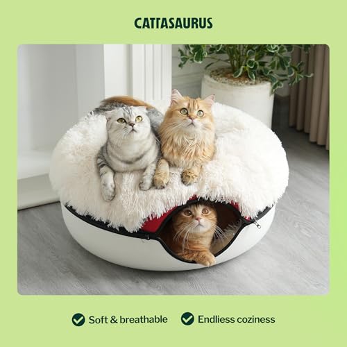 Image of Cattasaurus Peekaboo Cat Cave for Multiple & Large Cats Up to 30-45 Lbs, Fluffy Cat Beds & Furniture, Scratch Detachable & Washable Tunnel Bed, Comfy Donut Bed (Ruby Snowball, Large (Calming))