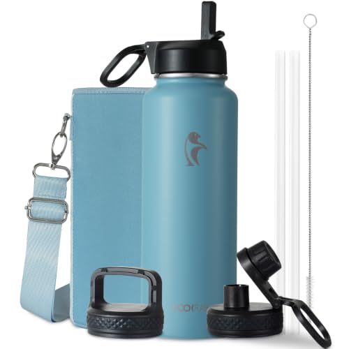 Image of Coolflask 40 oz Water Bottle Insulated with Straw & 3 Leakproof Lids