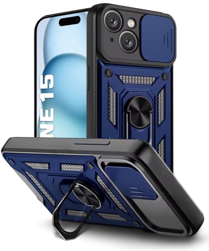 Image of WOW IMAGINE Tough Armor Bumper Mobile Back Case for iPhone 15 | Sliding Camera Shield Cover | Shock Proof 360 Protection | Hybrid PC + TPU | Ring Holder with Kickstand - Blue