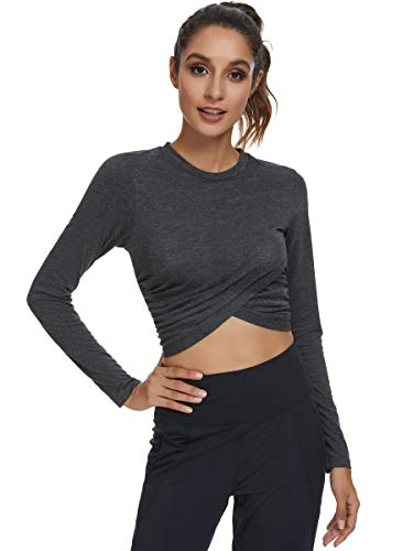 Missufe Women's Workout Long Sleeve Crop Top Cross Wrap Athletic Gym Running Tops for Women (Deep Grey, X-Small)