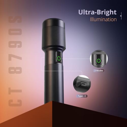 Image of IBELL Castor FL8790S Rechargeable 6000 mAh LED Flashlight, Portable Torch with Digital Display, Type C Charging, Adjustable Focus, Compact Design for Home, Outdoor, Camping & Emergency Use (Black)