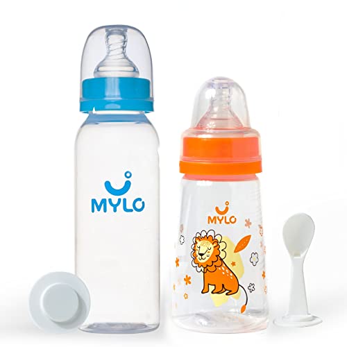 Mylo Baby 2 in 1 Feeding Bottles with Spoon for New Born Baby (125ml + 250ml) | Anti Colic & BPA Free Feeding Bottles | Feels Natural Baby Bottle | Easy Flow Neck Design- Lion + Sky Blue