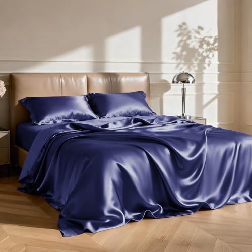 Image of Love's cabin Satin King Sheet Sets - 4 Piece Navy Blue Silky Sheets King Size Bed with Deep Pocket, Luxury Silk Feel King Size Satin Sheet Set (1 Flat Sheet,1 Fitted Sheet,2 Pillow Cases)