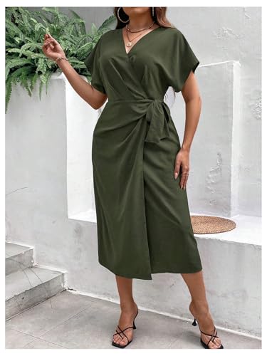 Image of SOLY HUX Women's Plus Size Wrap V Neck Knot Side Midi Dress Short Sleeve Flowy Party Dresses