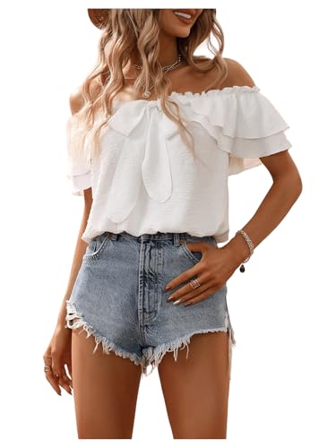 SweatyRocks Women's Off Shoulder Ruffle Trim Knot Front Blouse Tiered Layer Butterfly Short Sleeve Chiffon Tops Summer4