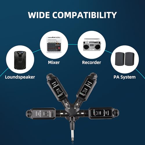 Adaptador inalámbrico UHF XLR a TRS de múltiples salidas para micrófonos dinámicos, guitarra, mezcladora y sistema PA, con 16 frecuencias ajustables y carga USB miniatura 5