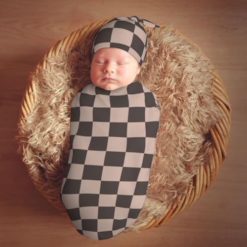 Image of Coffee Brown Checkered Plaid Swaddle Blanket with Beanie Hat Set Newborn Swaddle Wrap Soft Baby Receiving Blankets Baby Swaddle Sack for Baby Boys and Girls