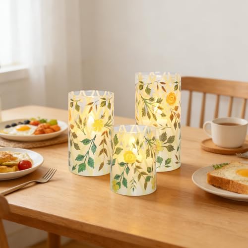 Image of Crystal Club Yellow Floral Flameless Candles with Remote & Timer, 3D Wick Flickering Pillar LED Flameless Candles, Battery Operated for Home Wedding Party Festival Decor, Set of 3