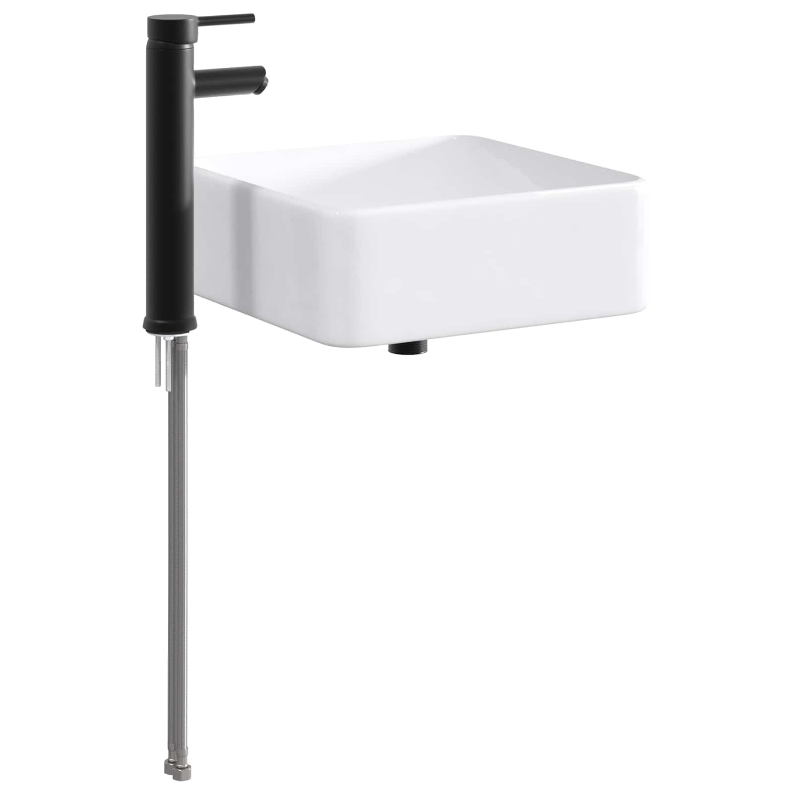 Matt Schwarz Metall Waschbecken mit integriertem Wasserhahn und Ablauf 36,5 x 36,5 x 13 cm für Badezimmer, Gäste WC, platzsparend für Waschplatz
