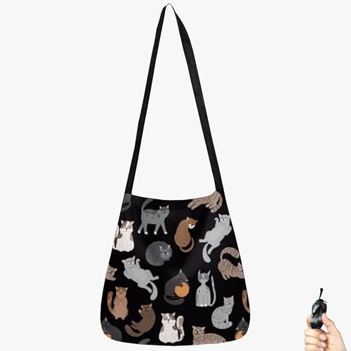 BeeGreen Crossbody Tote Bag - Cat Reusable Grocery Shopping Bag - Foldable Compact Portable Sturdy Bags