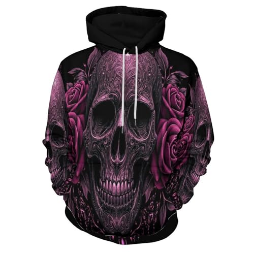 Pullover imprimé 3D crâne rose avec capuche ajustable et fermeture éclair - 3