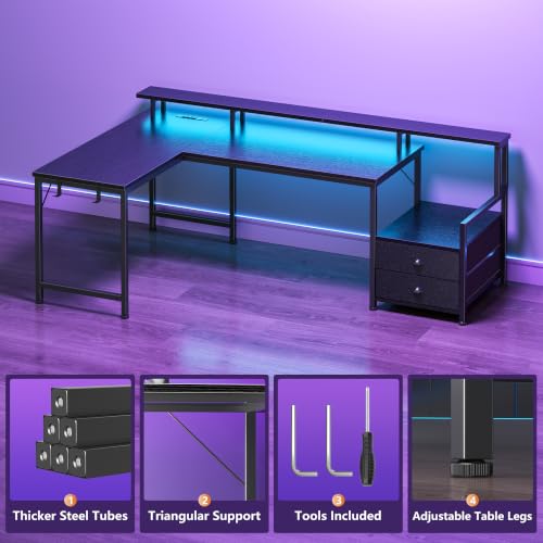 Image of Korfile 57'' L Shaped Gaming Desk with Storage Drawers, Power Outlets, LED