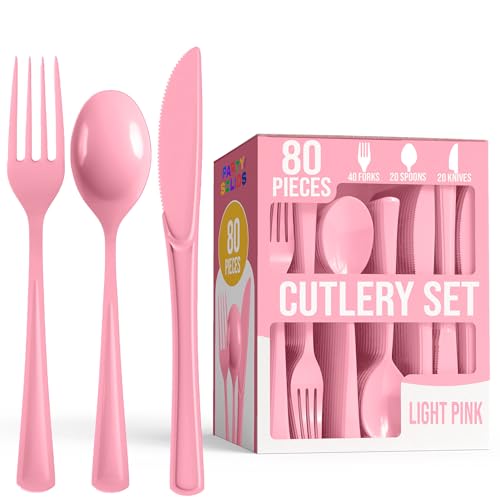 Party Solids Pink Plastic Silverware Heavy Duty 80 Pcs Pink Plastic Cutlery Set Disposable Utensil Sets 40 Forks 20 Knives & 20 Spoons Disposable Flatware For Party Supplies