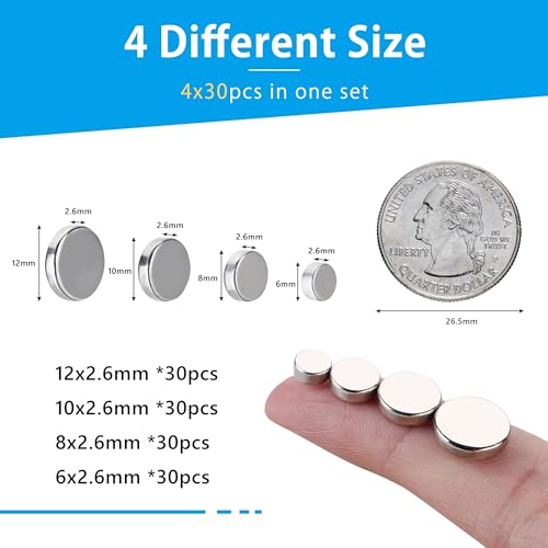 Image of RHINOCATS 120Pcs Small Magnets for Crafts，4 Different Size,Mini Round Magnet,Multi-Use for Fridge,DIY, Office, Hobbies, and Science