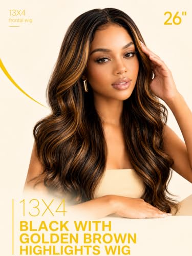 Image of Sunber Balayage Brown Body Wave Wig Human Hair 180% Density Highlight 13x4 HD Lace Front Glueless Wig Pre Cut Lace Pre Plucked Bleached Knots Invisi Drawstring Wear and Go Loose Wave Wigs 20inch