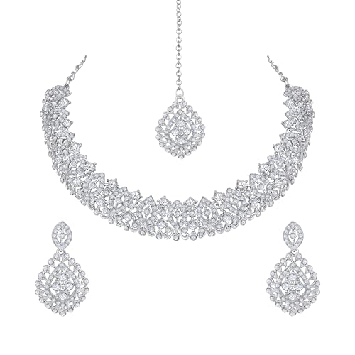 Image of Atasi International Silver Plated White Crystals American Diamonds Stylish Necklace Set with Earrings and Maang Tikka for Women and Girls | Stylish Jewellery for Party, Wedding and Festive Occasions (R6151)