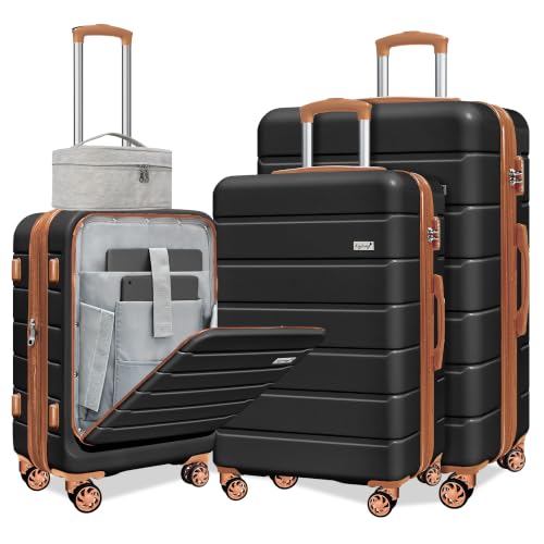 Image of KEYTANG SmileLine 3-Piece Luggage Set Lightweight Hardside Suitcase TSA Lock Spinner Wheels, 20 inch Expandable Carry-On Luggage with Quick Access Front Open Pocket, Bonus Makeup Bag,Apricot Black