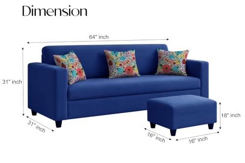 Image of Rosebell 3 Seater Sofa with Ottoman | Living Room Couch | with Printed Cushions | Sofa for Home, Apartment & Office-Blue Color